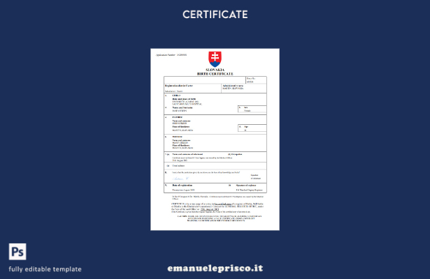 certificato di nascita della Slovacchia in stile verificato modello Word e PDF